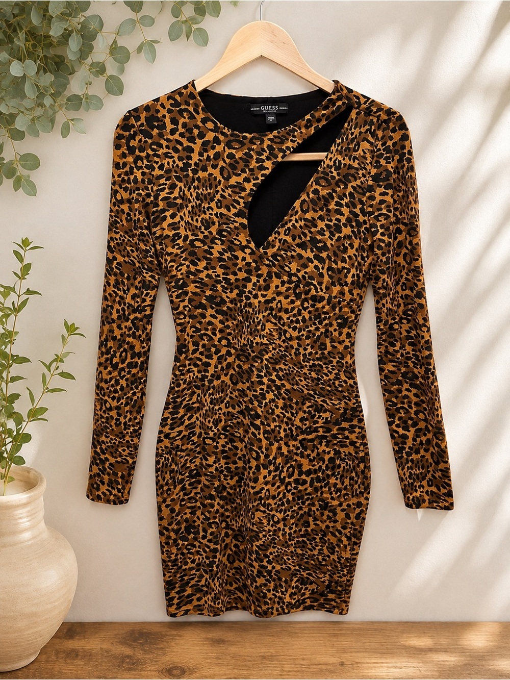 GUESS Y2K Leopard Print Cutout Bodycon Mini Dress Long Sleeve Size S